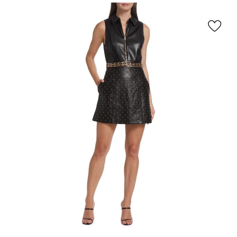 Alice + Olivia Black Leather Mini Dress with Gold Details
